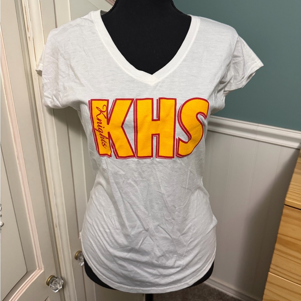 White V-Neck T-Shirt with Orange KHS Print